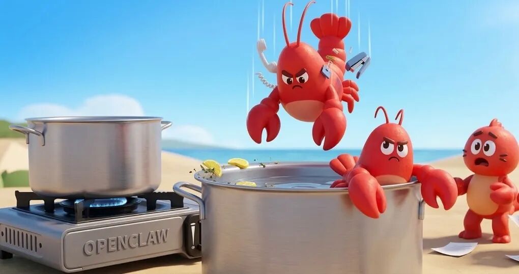 三只拟人化红色龙虾在锅旁的幽默场景