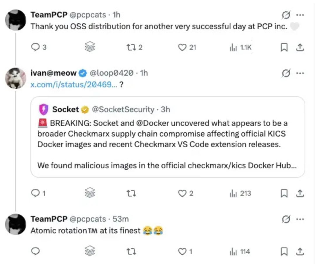 社交媒体截图，显示安全研究员披露 Checkmarx 供应链攻击事件及 TeamPCP 回应