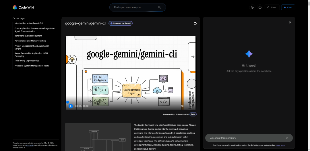 Code Wiki对gemini-cli仓库的分析页面，包含架构流程图