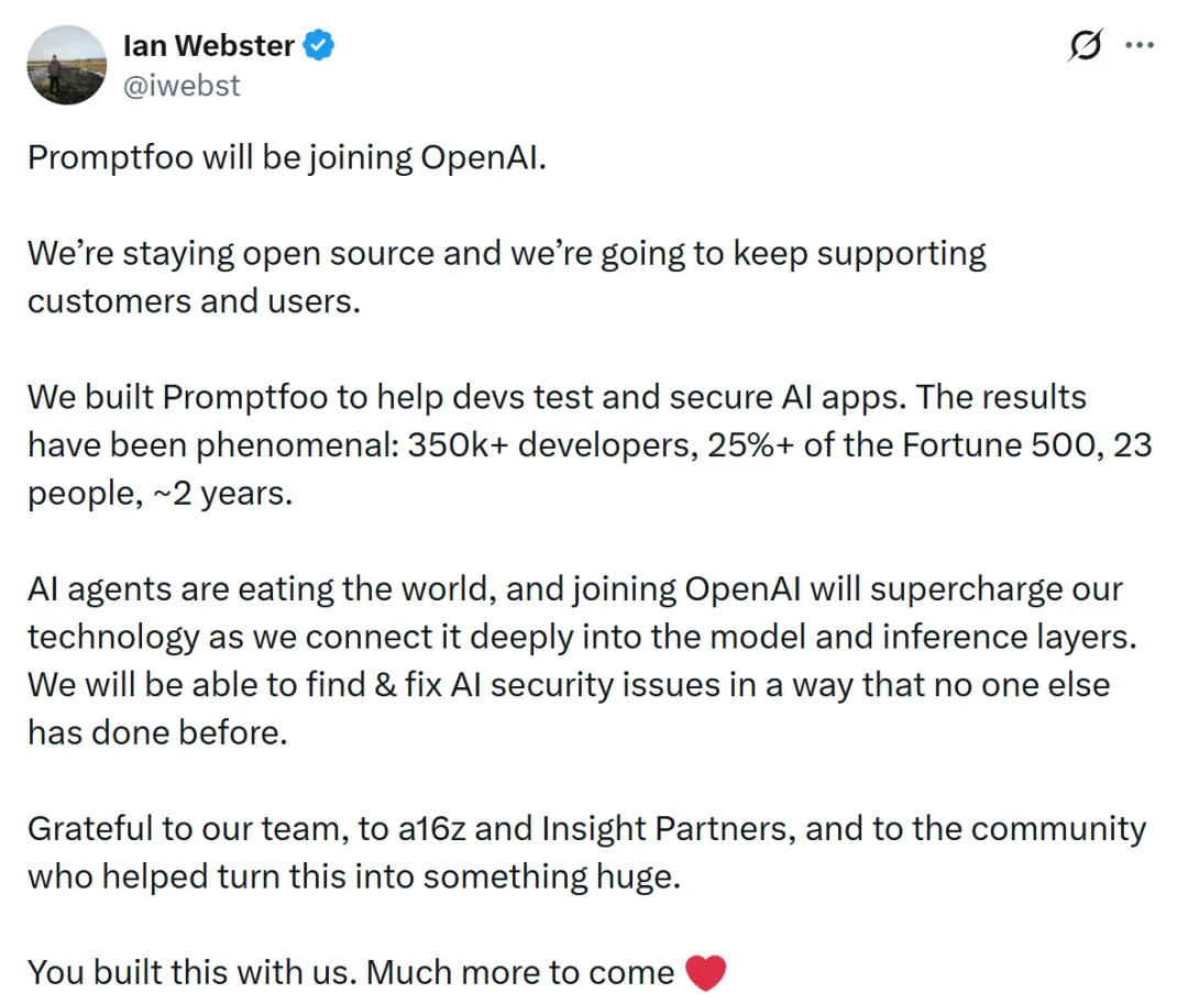 Promptfoo收购官宣推文截图