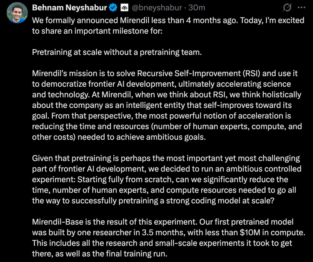 Behnam Neyshabur发布Mirendil预训练里程碑的推文截图