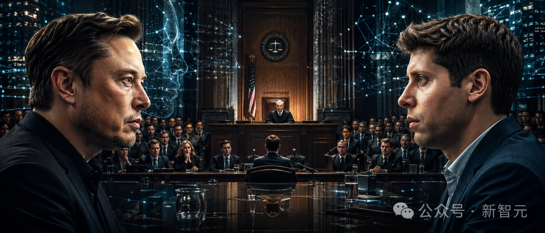 马斯克与OpenAI庭审对峙场景，法庭背景中漂浮AI神经网络轮廓