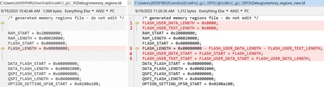 GNU memory_regions_new.ld 自定义Flash段与FLASH_LENGTH修改对比