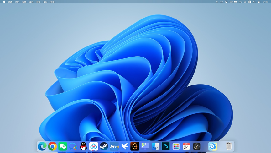 初步使用MyDockFinder后的桌面，底部出现macOS风格的Dock栏