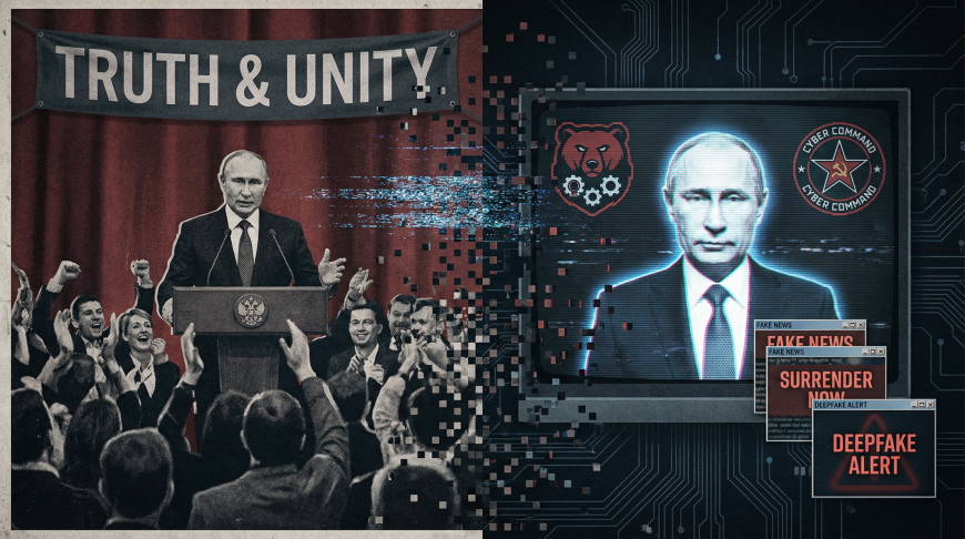 描绘信息战与AI深伪对比的示意图:左侧是真实演讲场景,右侧是科技感屏幕显示深伪警报