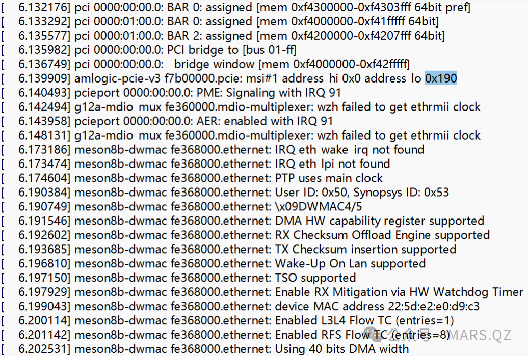Linux内核PCIe设备与网络控制器初始化日志截图