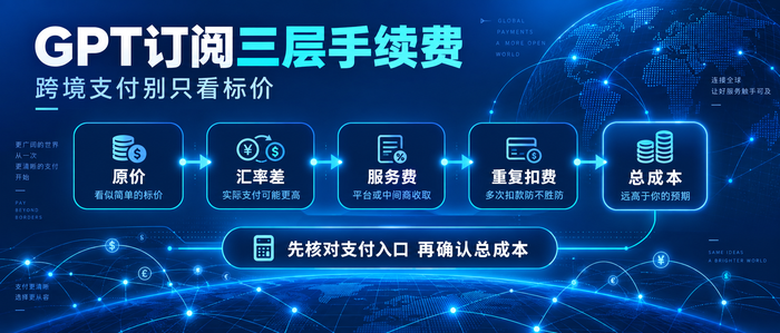 GPT订阅三层手续费信息图:汇率差、服务费、重复扣款