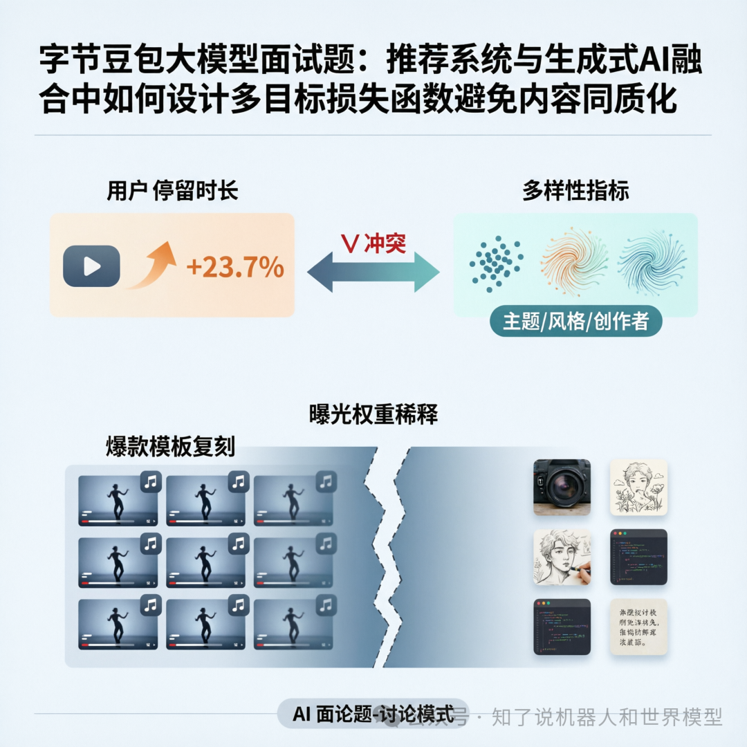 推荐系统中用户停留时长与多样性指标的冲突关系示意图