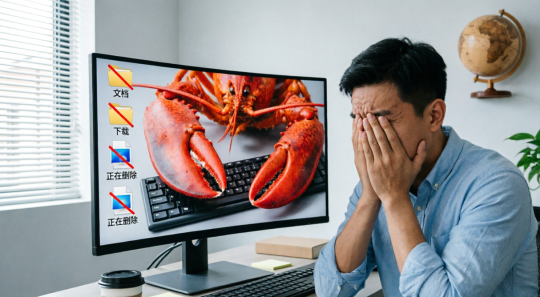 表情包:一名男子面对电脑屏幕上的龙虾和“正在删除”的文件夹,一脸崩溃
