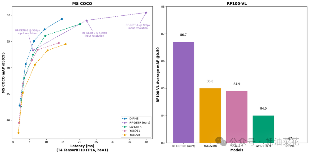 RF-DETR 在 COCO 与 RF100-VL 数据集上的性能表现