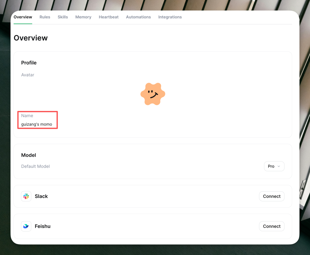 个人资料设置页面，展示模型配置与集成选项