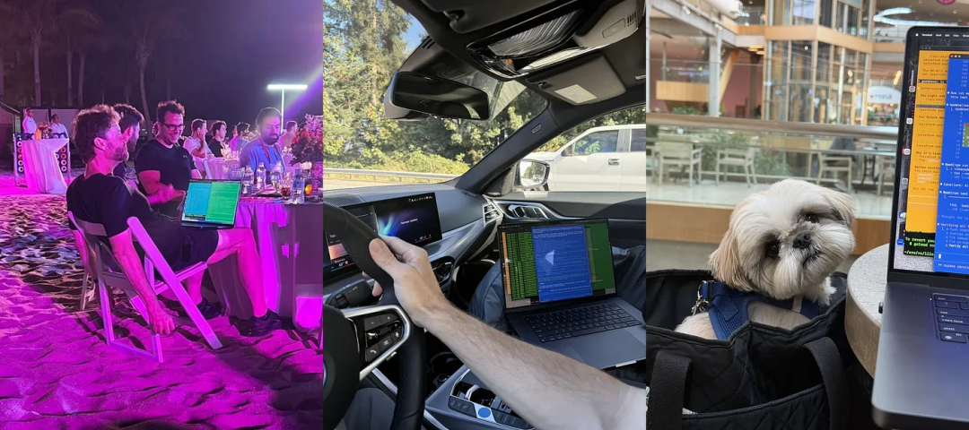 程序员与爱犬在不同场景下使用笔记本电脑的趣味图