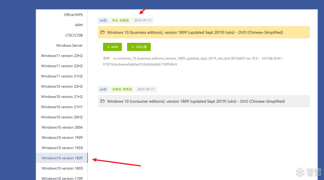 Windows 10 1809 版本镜像选择
