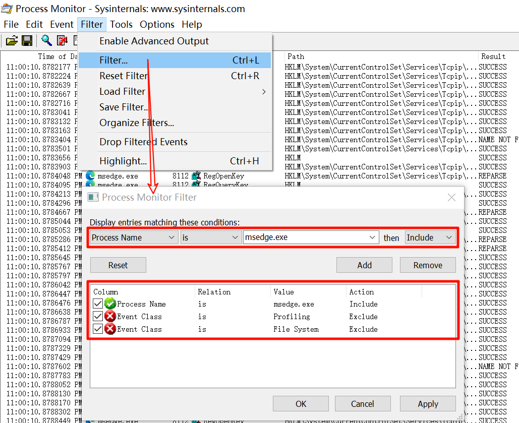 Process Monitor过滤条件设置界面
