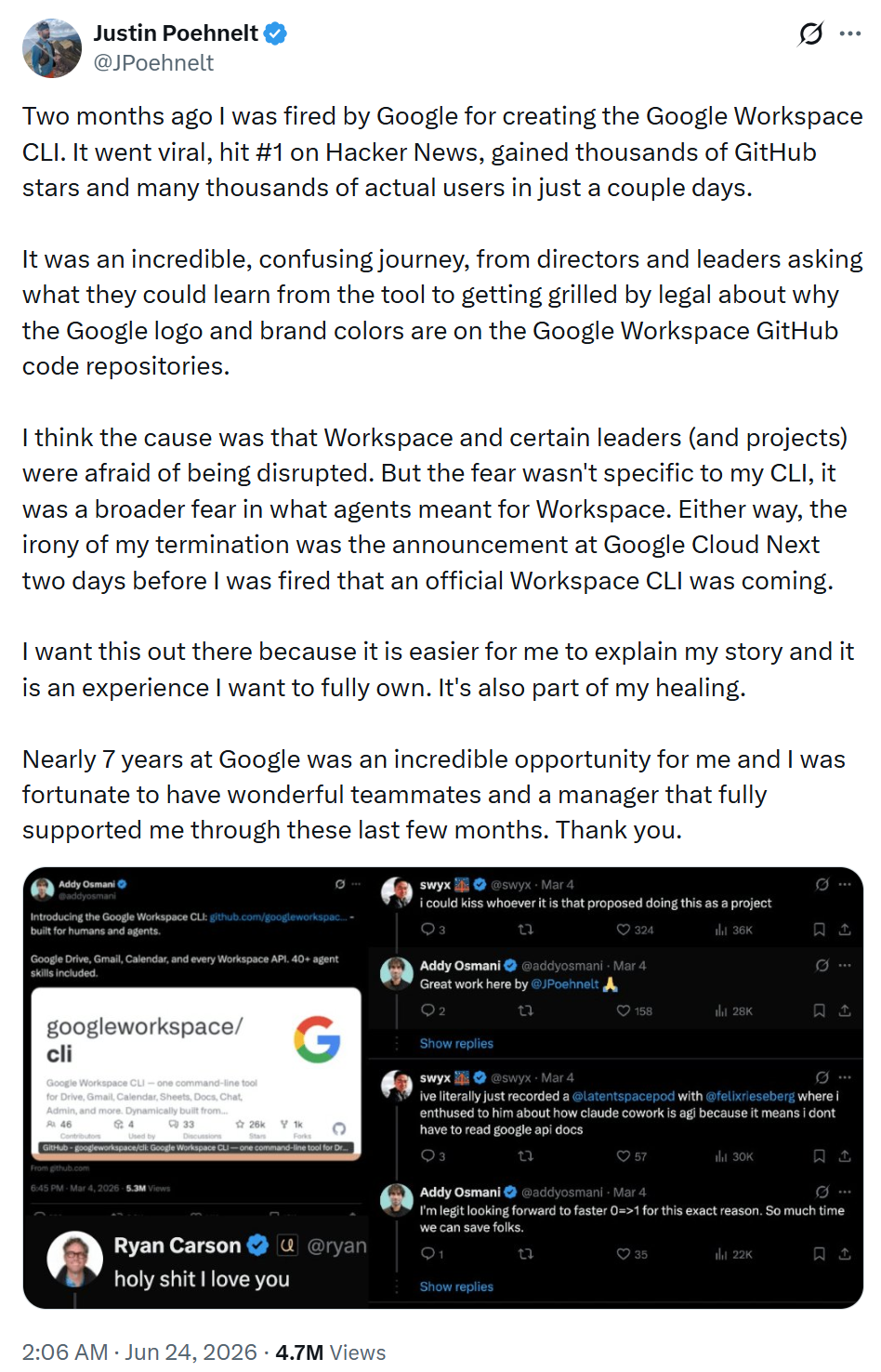 Justin Poehnelt 长帖截图：自述因开发 Google Workspace CLI 被解雇，浏览量 4.7M