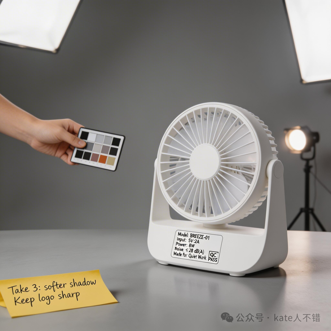 Seedream 5.0 Preview 生成的写实棚拍风扇产品图，铭牌文字扭曲