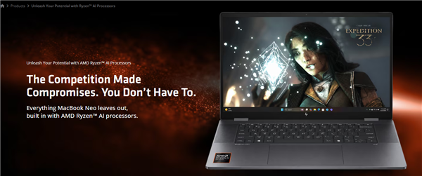 AMD Ryzen AI宣传图:笔记本展示EXPEDITION 33游戏画面及口号“Everything MacBook Neo leaves out, built in with AMD Ryzen™ AI processors.”