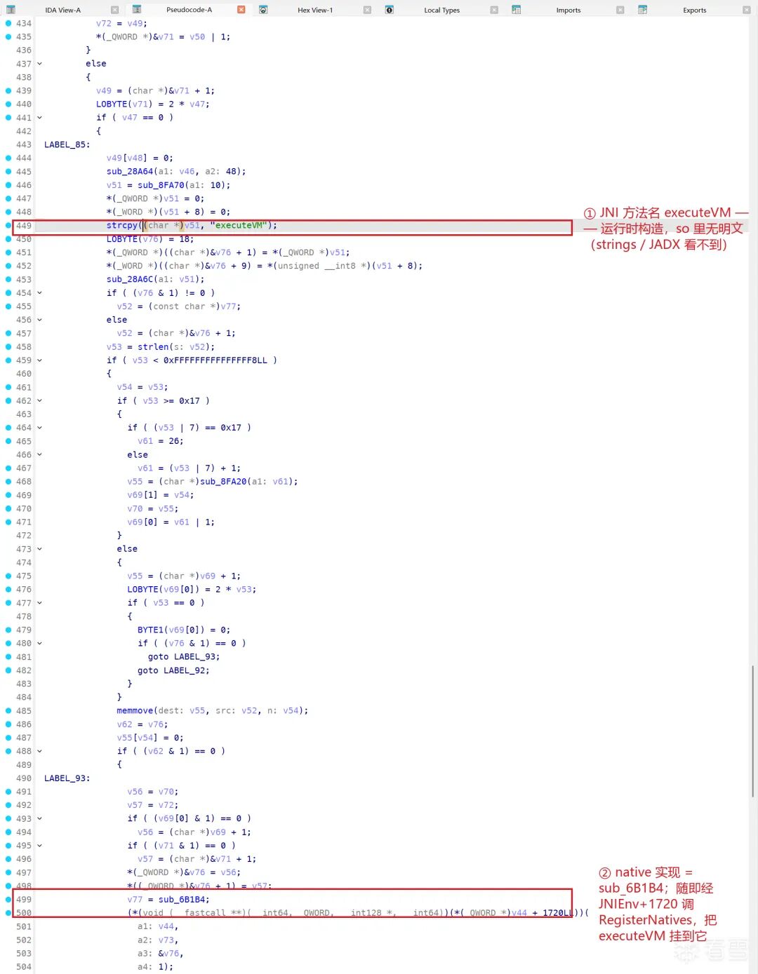 IDA 伪代码:JNI_OnLoad 运行时 RegisterNatives 绑定 executeVM,方法名与签名均由 XOR 表运行时解码