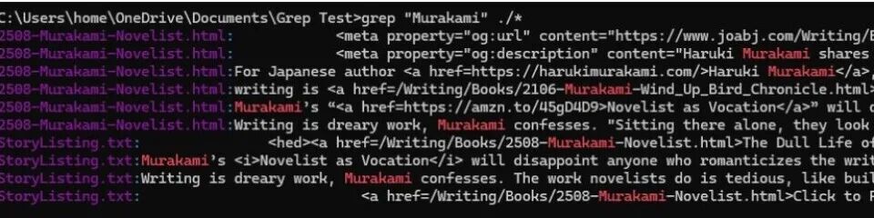 Windows CMD 中执行 grep 搜索 "Murakami" 的输出结果,高亮显示匹配文本