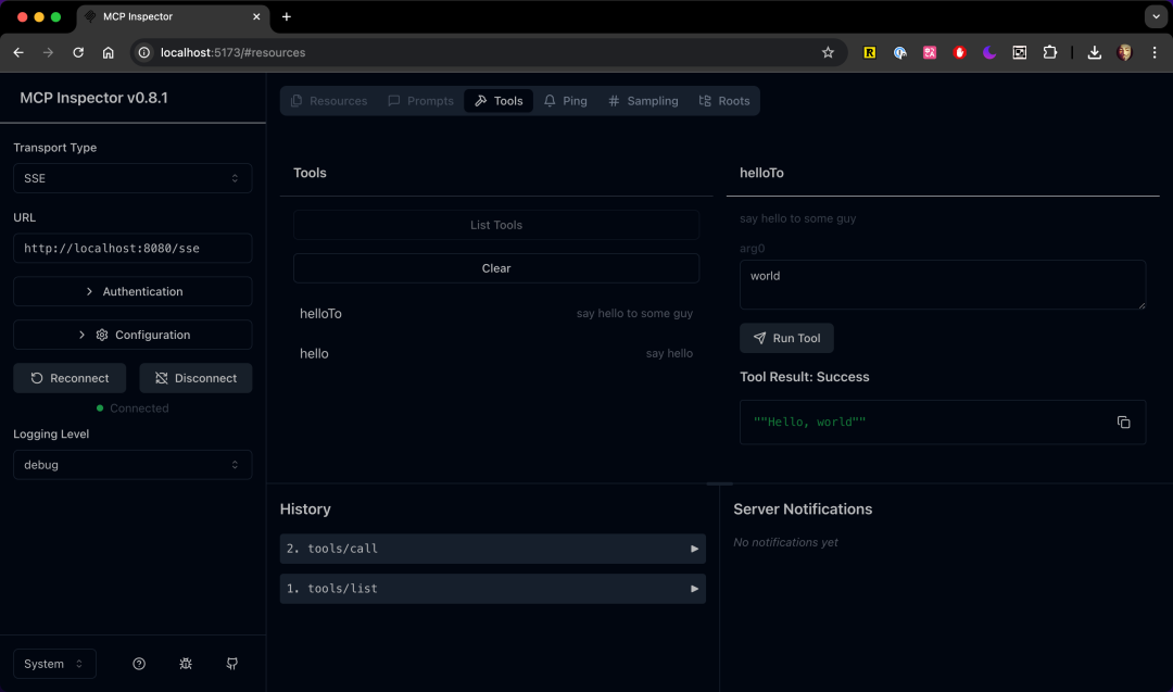 MCP Inspector 测试 helloTo 工具