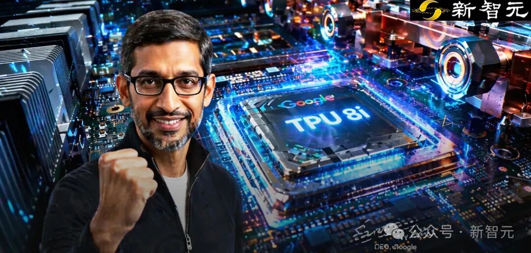 Google CEO Sundar Pichai在科技感背景下握拳，背景有Google和TPU 8i标识