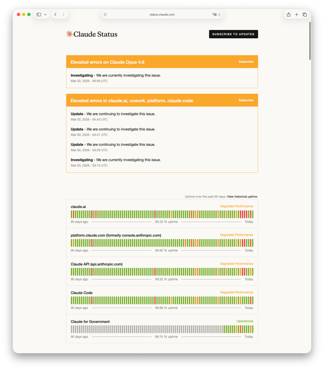 Claude状态页面错误报告与性能图表