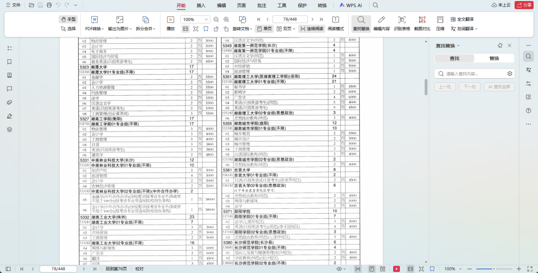 WPS表格打开含有“2026年普通高等学校在江苏招生计划”的PDF文件,约78/448页