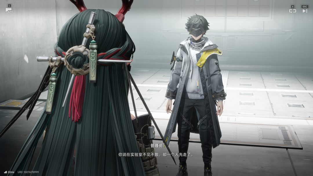 两名角色在白色科技室内持刀对峙的场景