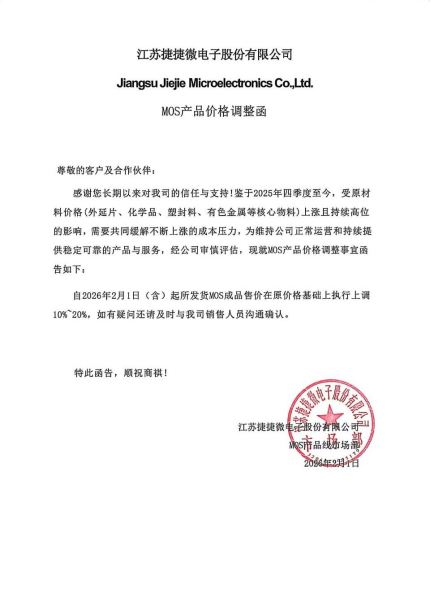 捷捷微电MOS产品价格调整函