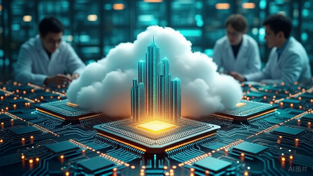 描绘AI芯片与云计算结合的数字插画：云中的未来城市与底部发光的芯片，电路板上放置着三块方形芯片