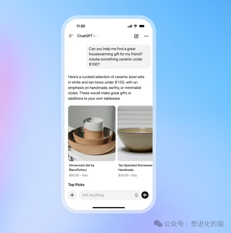 ChatGPT安卓版界面截图，展示其推荐陶瓷礼品的功能