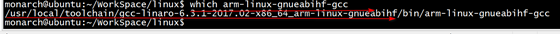 终端显示 which arm-linux-gnueabihf-gcc 命令输出的编译器路径