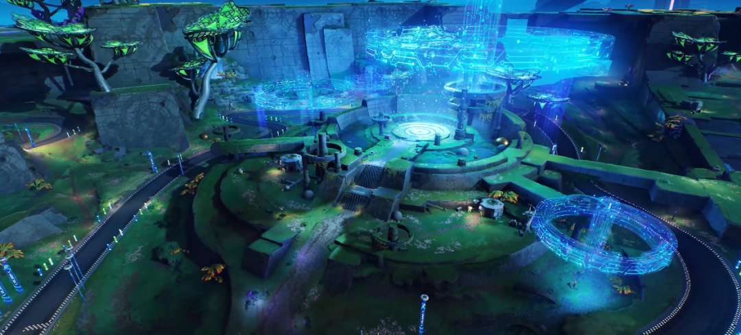 发光建筑与轨道，周围环绕植被