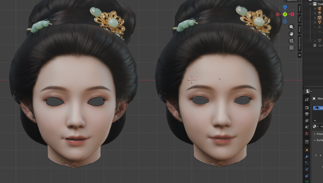 修复贴图前后，模型嘴鼻部位的效果对比