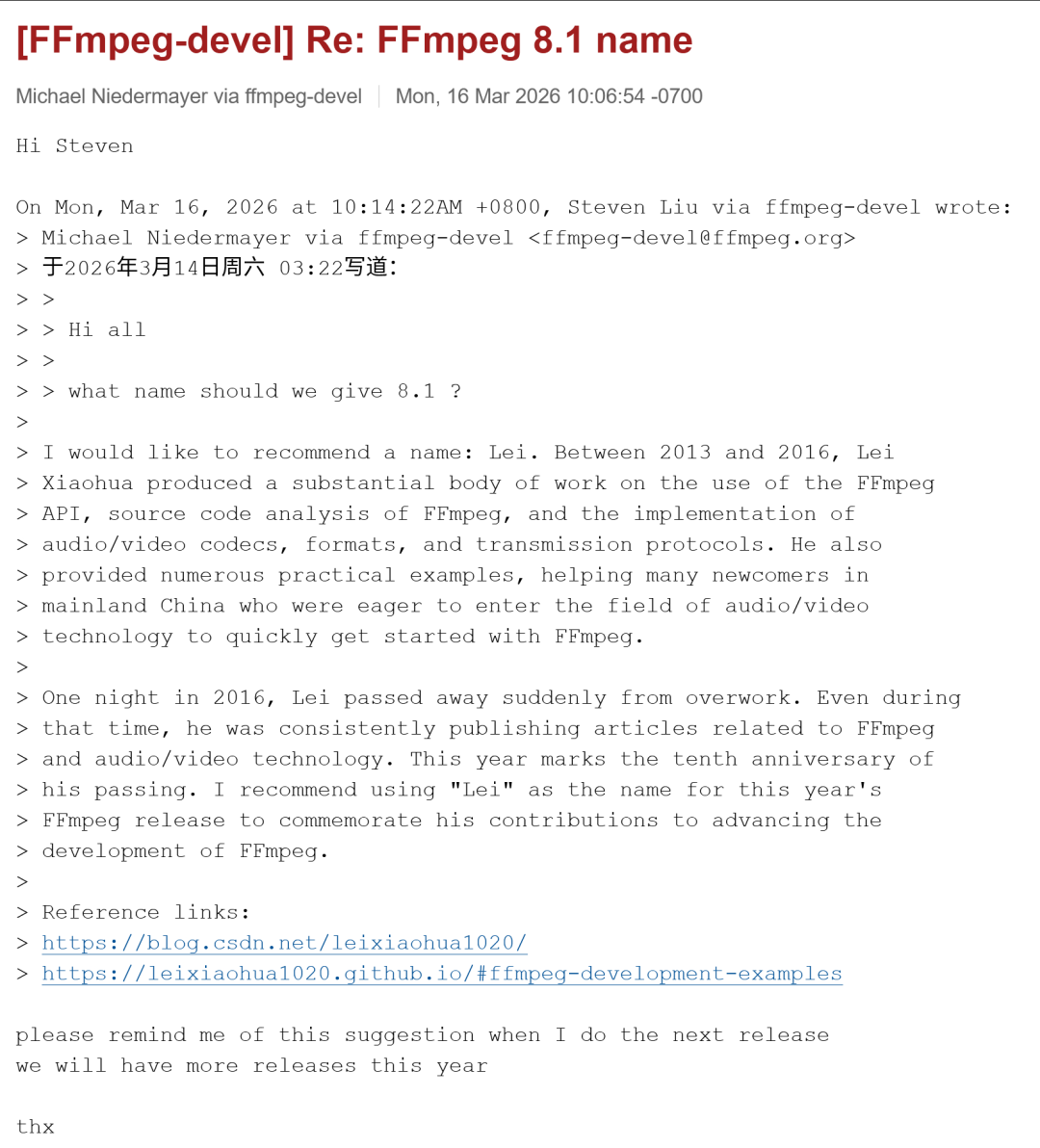 FFmpeg邮件列表提议Lei作为版本代号的讨论