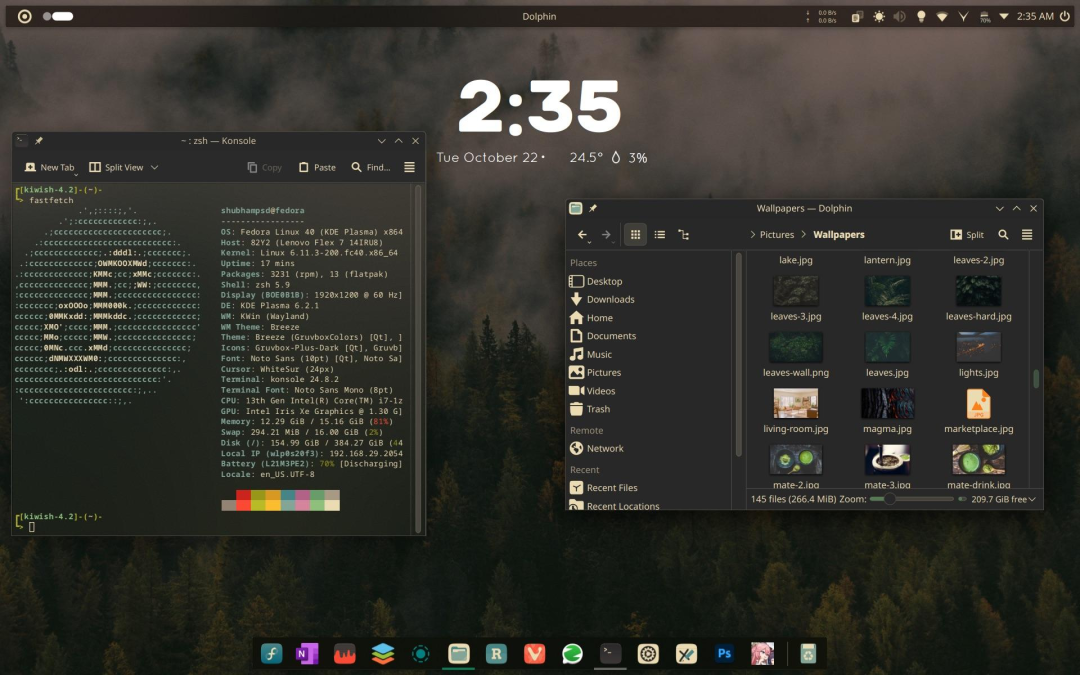 Fedora KDE 桌面环境与 FastFetch 系统信息