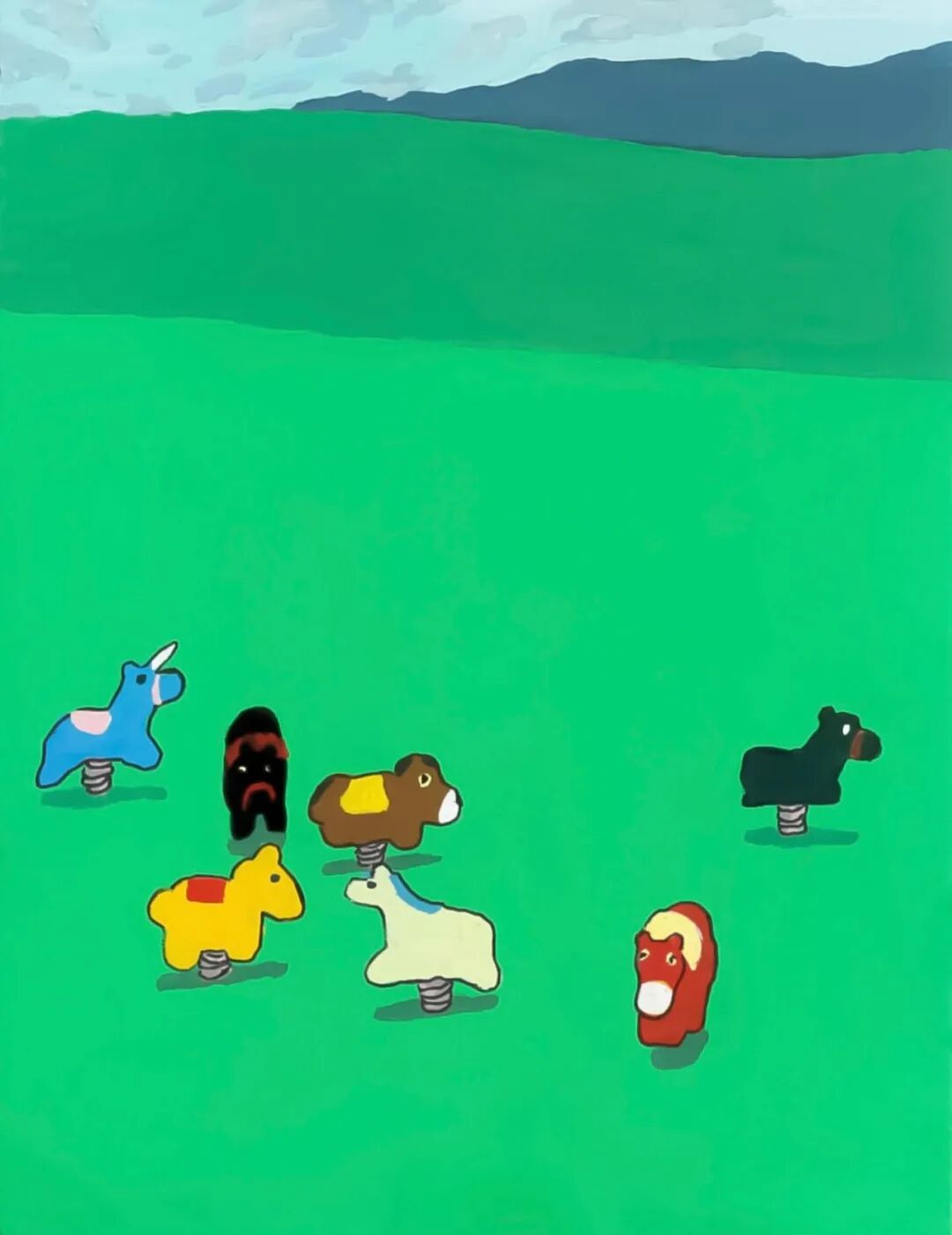 绿色草地上弹簧摇摆玩具：蓝色独角兽、黑色熊、棕色牛、黄色马、白色羊、红色小马