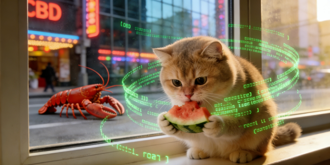 一只啃着西瓜、身处赛博都市的金渐层猫咪