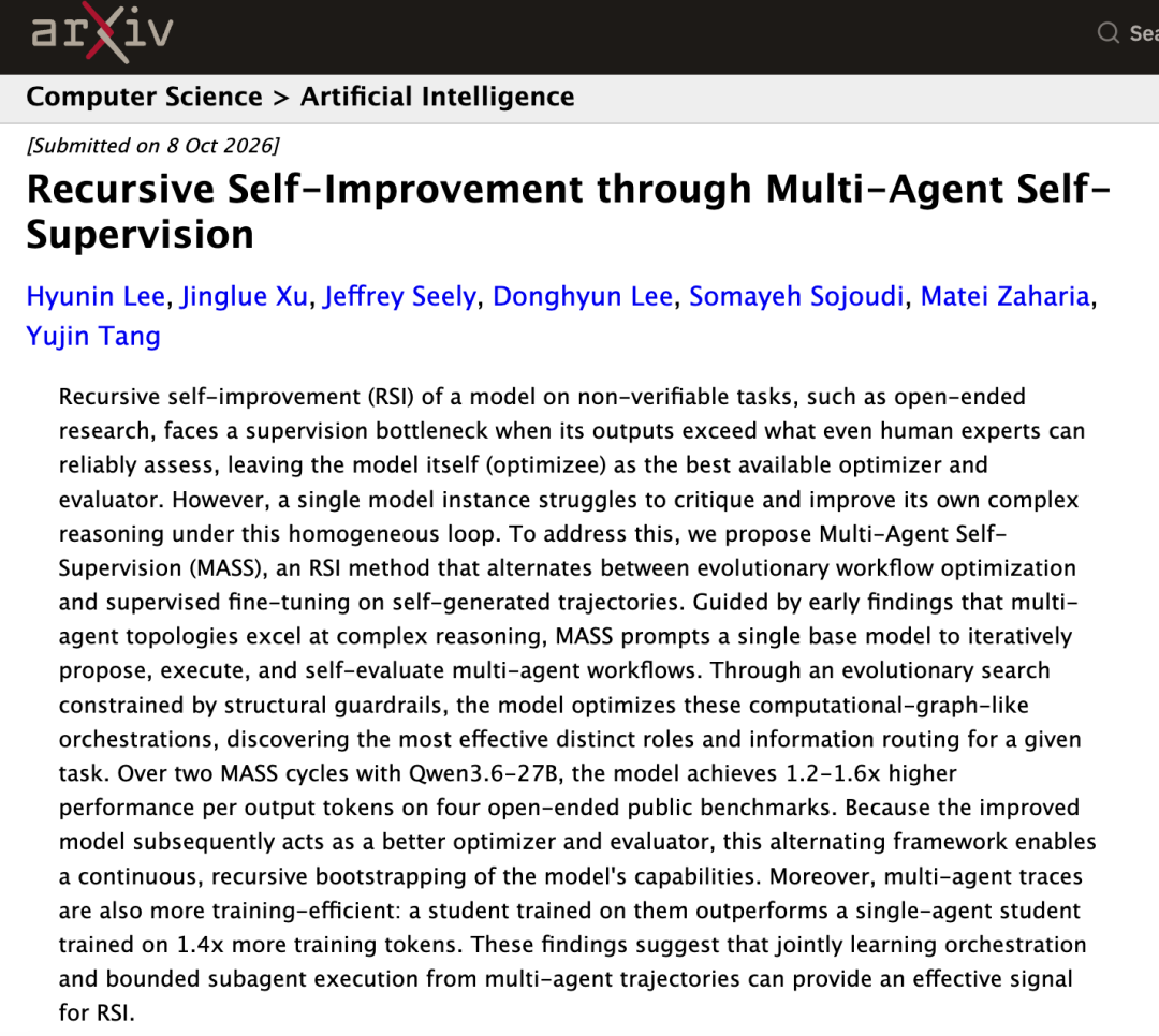 MASS论文arXiv页面截图:Recursive Self-Improvement through Multi-Agent Self-Supervision