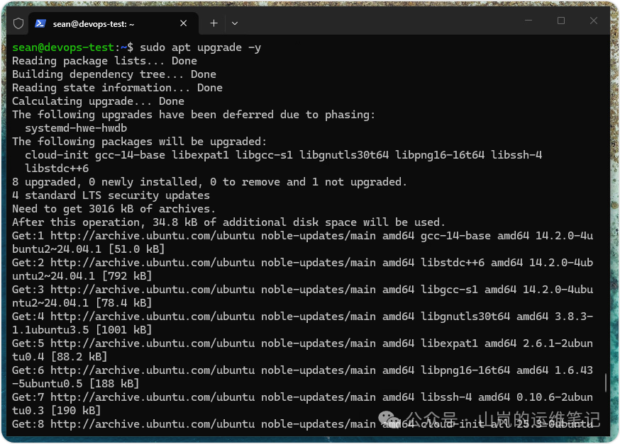 Ubuntu 系统执行 sudo apt upgrade -y 命令的输出结果
