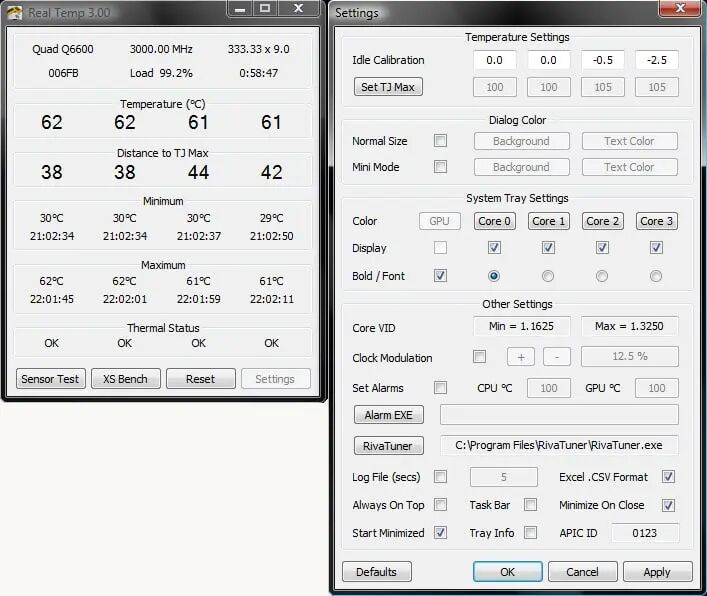 Real Temp 主界面与设置界面显示 CPU 核心温度信息