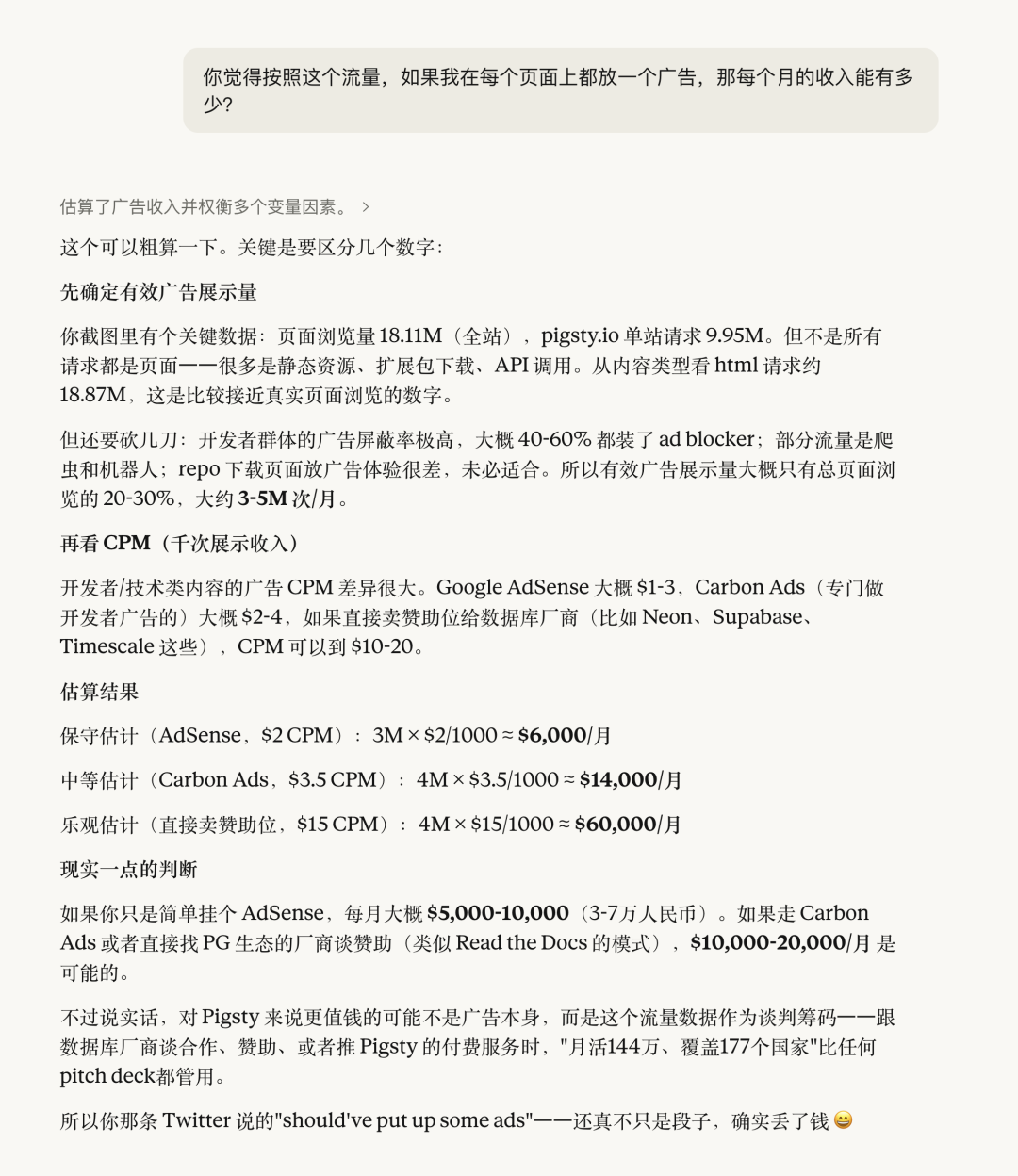 Claude根据页面浏览量、广告展示量和CPM估算的潜在广告收入分析