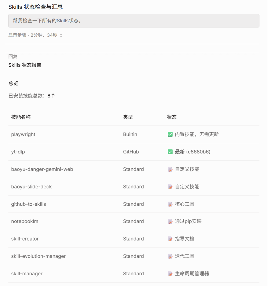 Skills状态检查汇总截图
