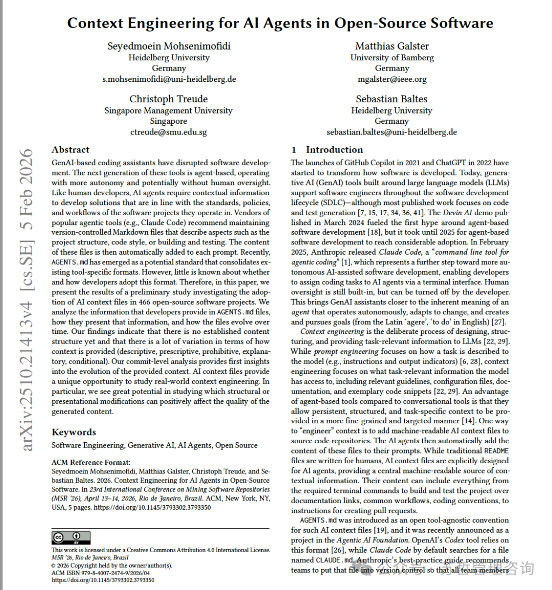 论文《Context Engineering for AI Agents in Open-Source Software》首页