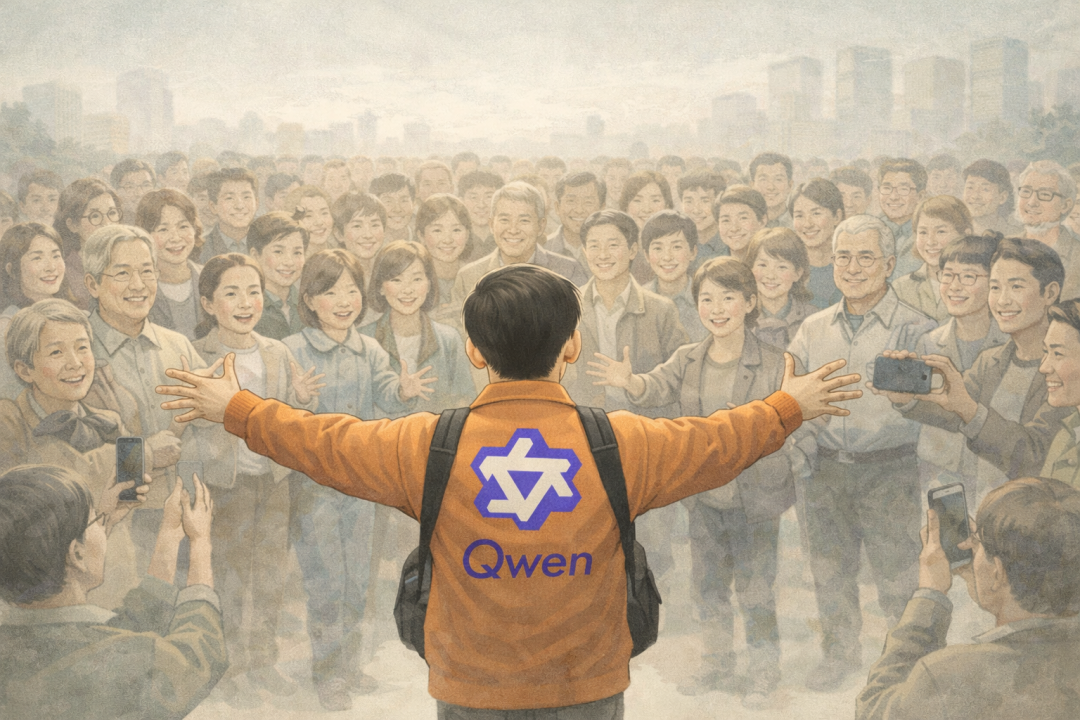 象征AI模型亲切服务大众的插画