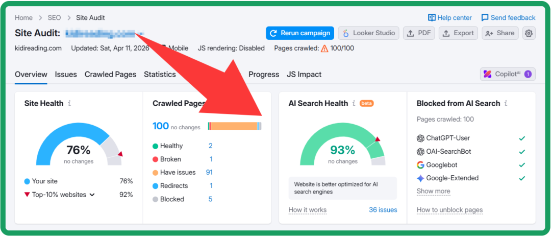 SEO审计工具Site Audit页面截图,显示网站健康度及爬取页面状态