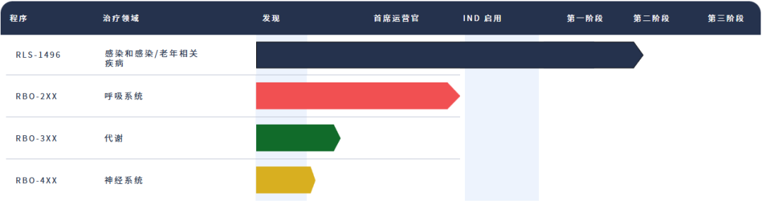 Rubedo研发管线图，展示RLS-1496在皮肤适应症上进展最快，其他管线覆盖呼吸、代谢、神经领域
