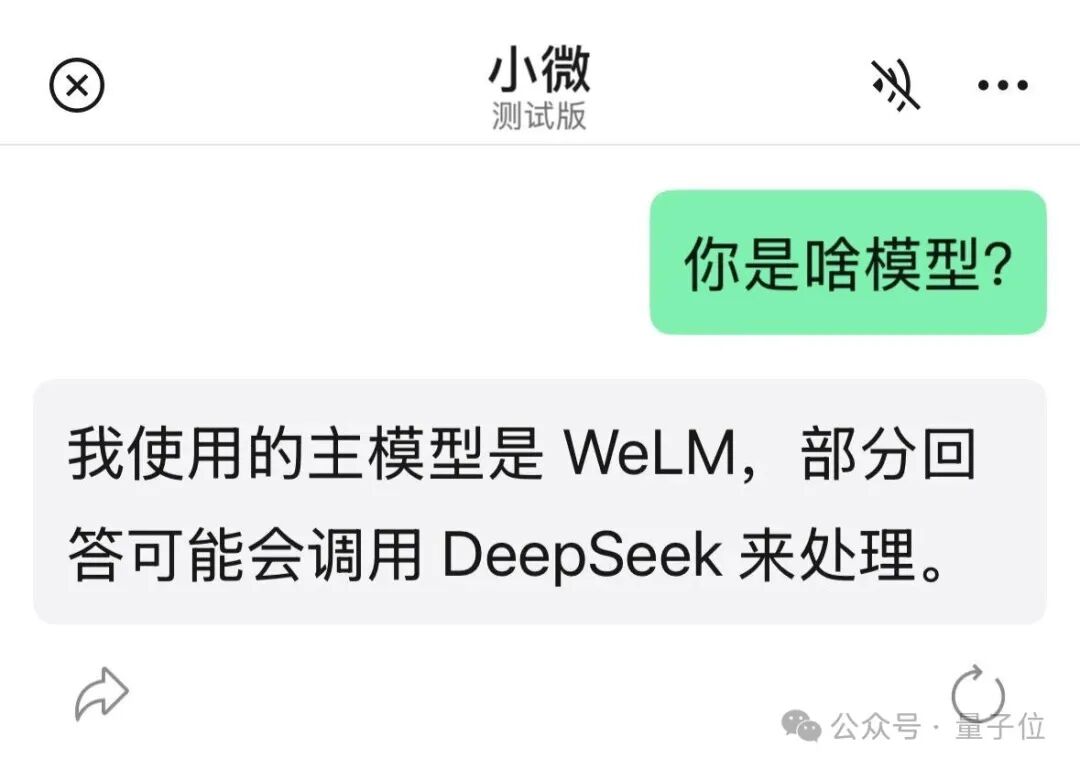 手机聊天界面截图,小微自述使用的主模型是WeLM,部分回答会调用DeepSeek
