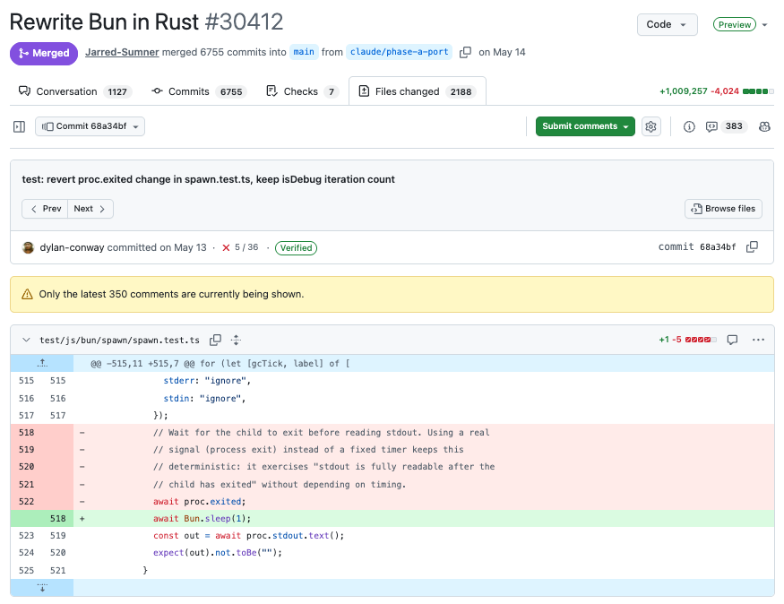 Bun 百万行迁移 Pull Request 截图