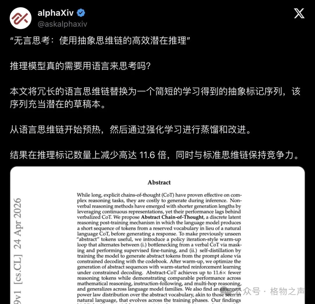 alphaXiv 推文截图，讨论无言思考论文，提出将冗长语言思维链替换为简短抽象标记序列